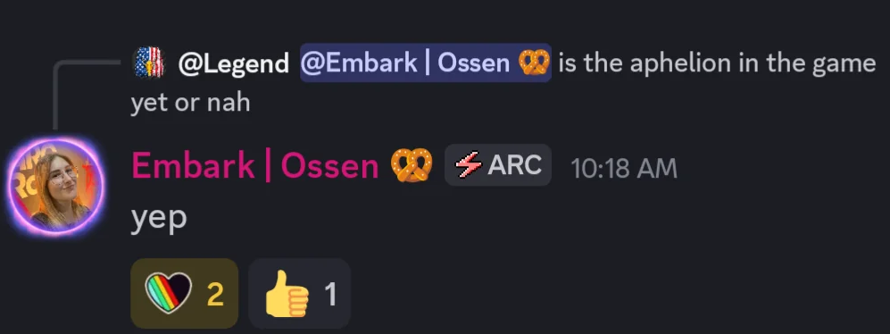 arc raiders community manager confirming aphelion